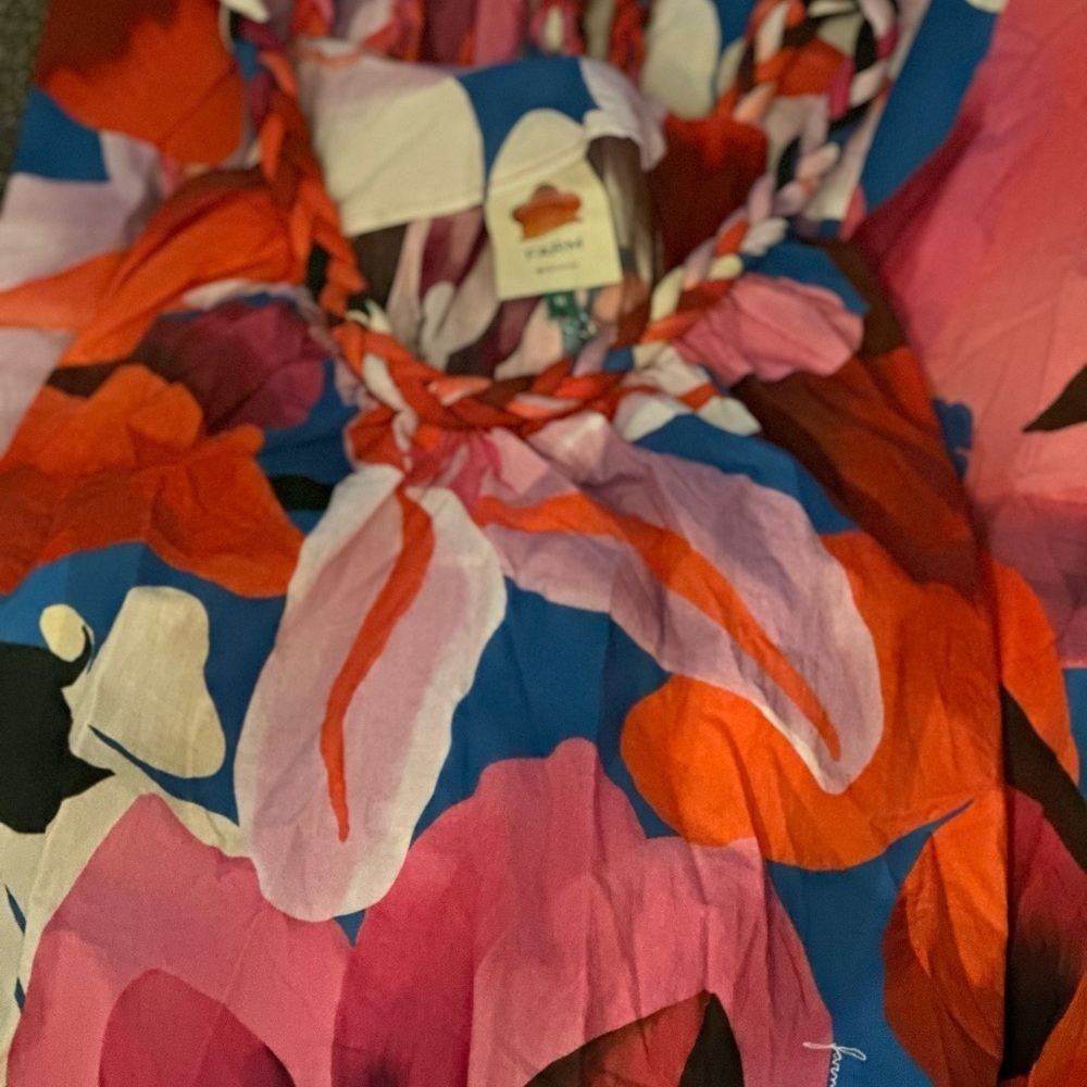 Farm Rio Watercolor Floral Cotton Tie-Waist Midi-Dress - Picture 3 of 6